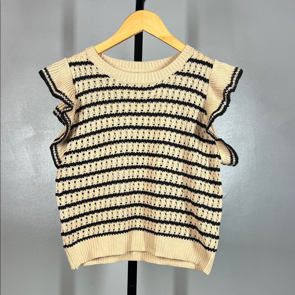 Striped Ruffle Sleeve Sweater - Cream and Black
